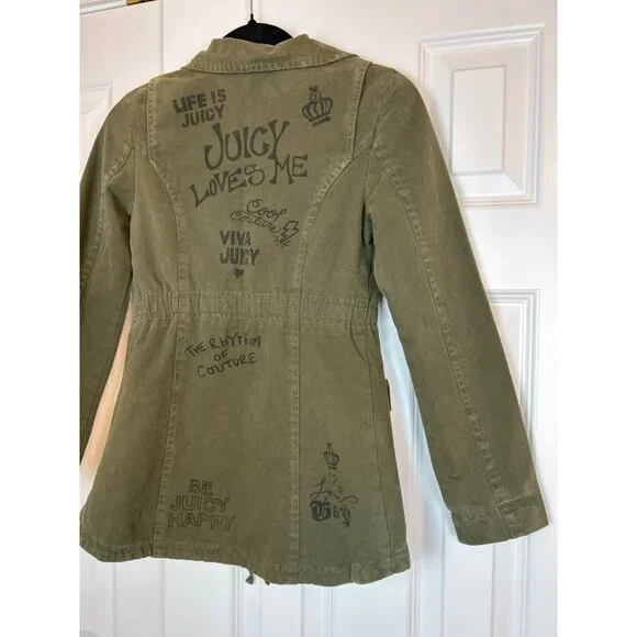 NWT Juicy Couture Y2K Youth Olive Army Green Utility Jacket Coat w Pockets Sz 14